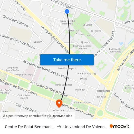 Centre De Salut Benimaclet to Universidad De Valencia map