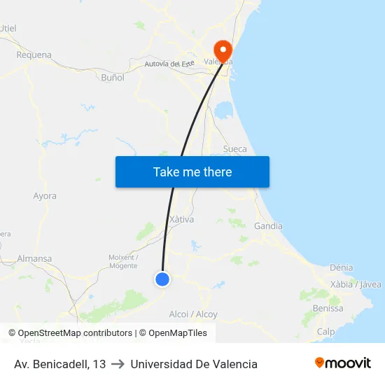 Av. Benicadell, 13 to Universidad De Valencia map