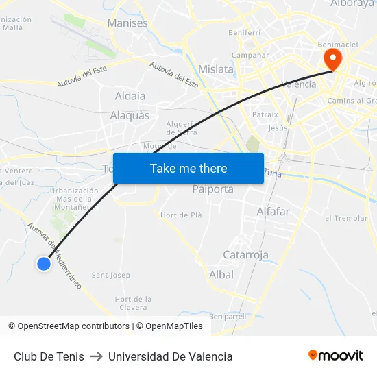 Club De Tenis to Universidad De Valencia map