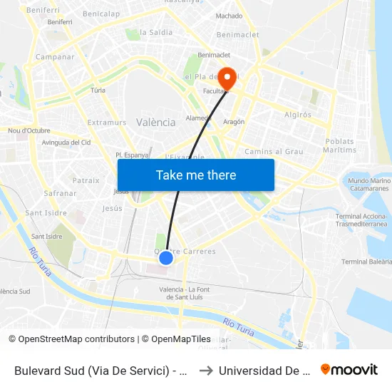 Bulevard Sud (Via De Servici) - Hospital La Fe to Universidad De Valencia map