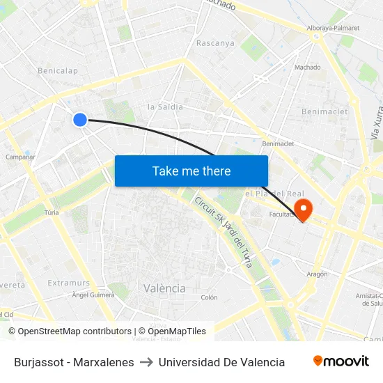 Burjassot - Marxalenes to Universidad De Valencia map