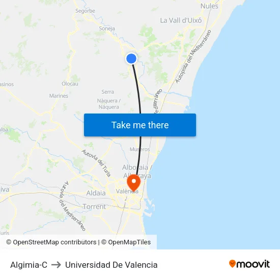 Algimia-Ciudad to Universidad De Valencia map