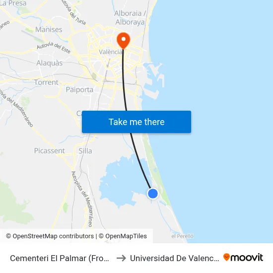 Cementeri El Palmar (Front) to Universidad De Valencia map