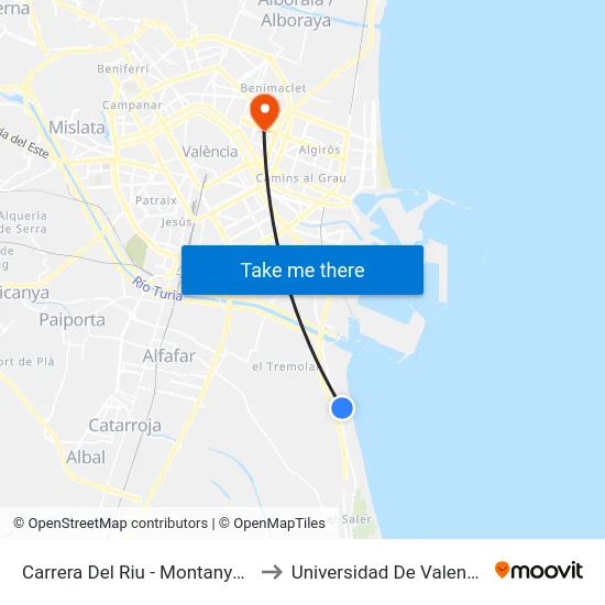 Carrera Del Riu - Montanyars to Universidad De Valencia map