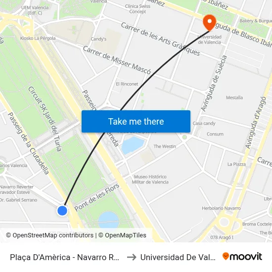 Plaça D'Amèrica - Navarro Reverter to Universidad De Valencia map