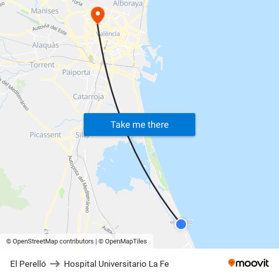 El Perelló to Hospital Universitario La Fe map