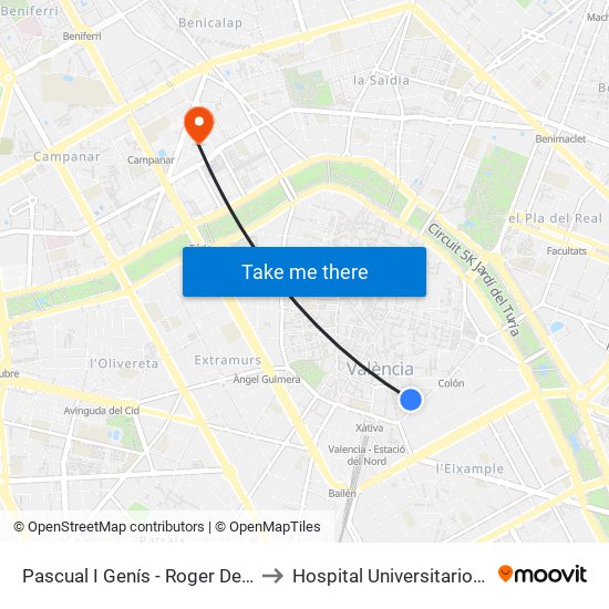 Pascual I Genís - Roger De Llòria to Hospital Universitario La Fe map