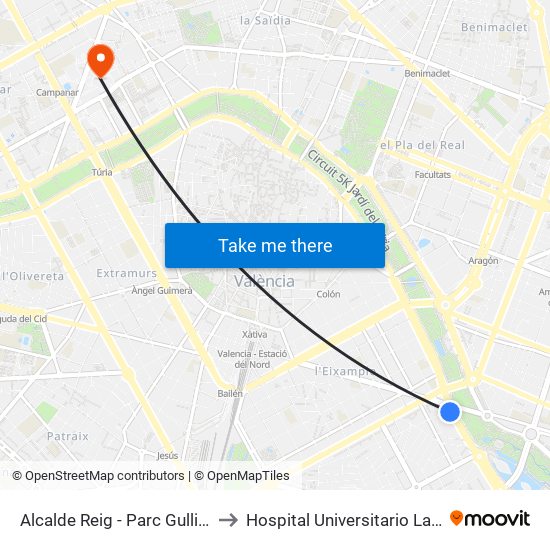 Alcalde Reig - Parc Gulliver to Hospital Universitario La Fe map