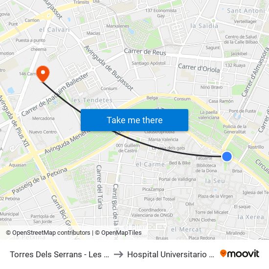 Torres Dels Serrans - Les Corts to Hospital Universitario La Fe map