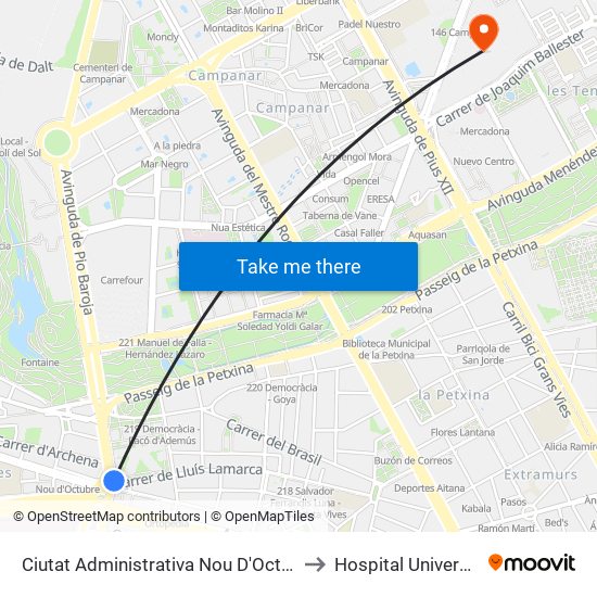 Ciutat Administrativa Nou D'Octubre - Lluís Lamarca to Hospital Universitario La Fe map