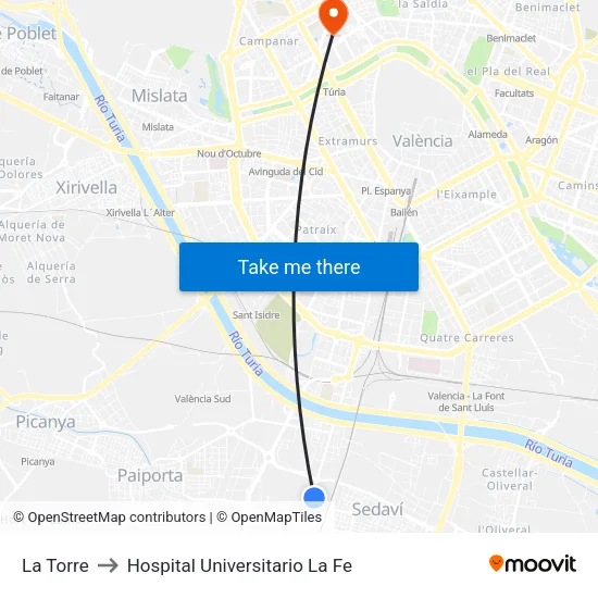 La Torre to Hospital Universitario La Fe map
