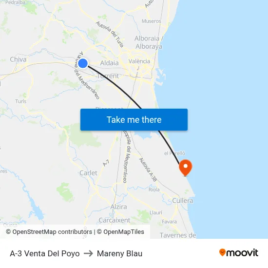 A-3 Venta Del Poyo to Mareny Blau map