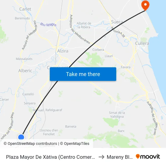 Plaza Mayor De Xàtiva (Centro Comercial) to Mareny Blau map