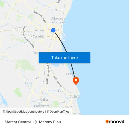 Mercat Central to Mareny Blau map