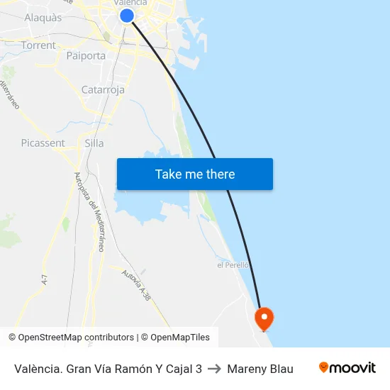 València. Gran Vía Ramón Y Cajal 3 to Mareny Blau map