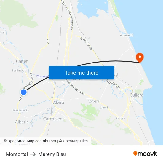 Montortal to Mareny Blau map