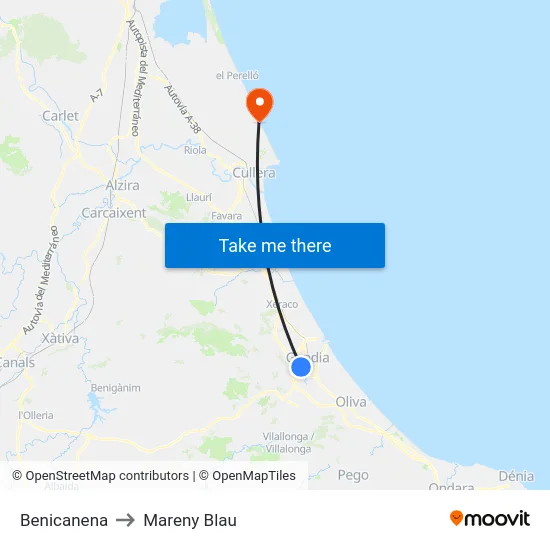 Benicanena to Mareny Blau map