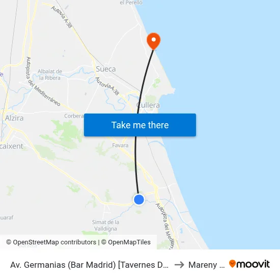 Av. Germanias (Bar Madrid) [Tavernes De La Valldigna] to Mareny Blau map