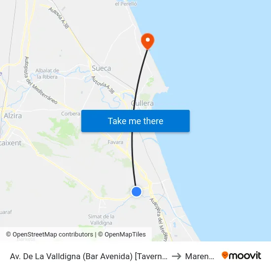Av. De La Valldigna (Bar Avenida) [Tavernes De La Valldigna] to Mareny Blau map