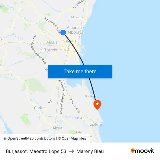 Burjassot. Maestro Lope 53 to Mareny Blau map