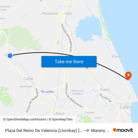 Plaza Del Reino De Valencia (Llombay) [Llombai] to Mareny Blau map