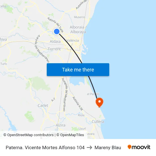Paterna. Vicente Mortes Alfonso 104 to Mareny Blau map