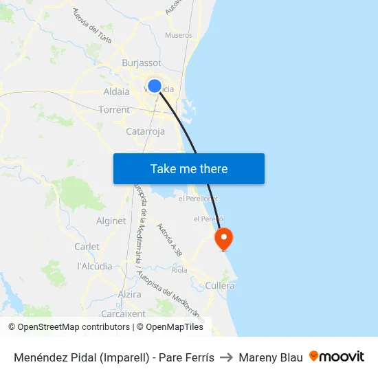 Menéndez Pidal (Imparell) - Pare Ferrís to Mareny Blau map