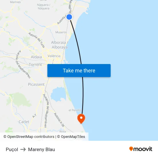 Puçol to Mareny Blau map