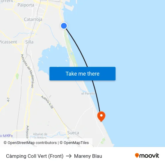 Càmping Coll Vert (Front) to Mareny Blau map