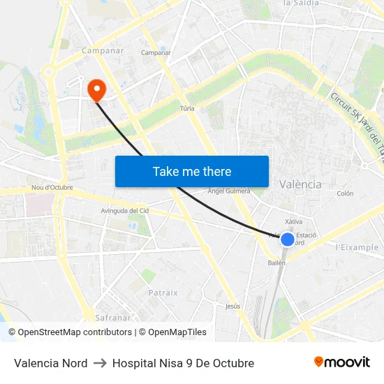 Valencia Nord to Hospital Nisa 9 De Octubre map