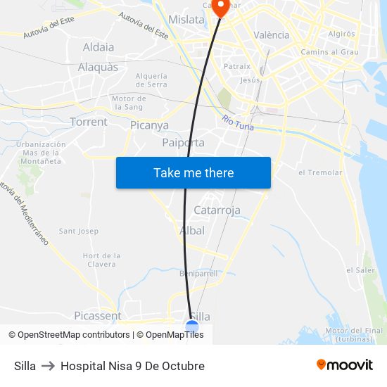 Silla to Hospital Nisa 9 De Octubre map