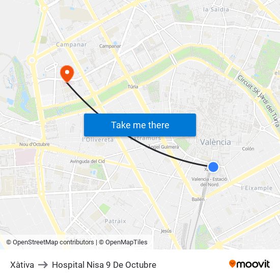 Xàtiva to Hospital Nisa 9 De Octubre map