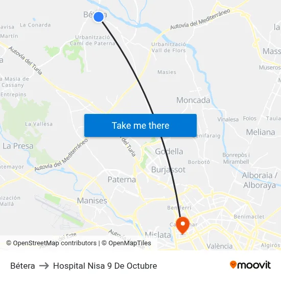 Bétera to Hospital Nisa 9 De Octubre map
