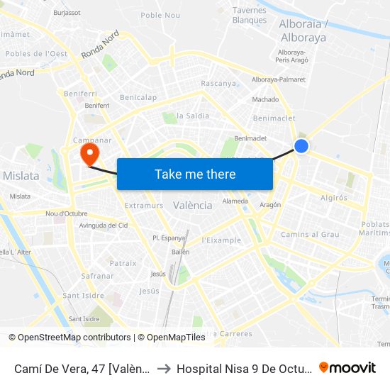 Camí De Vera, 47 [València] to Hospital Nisa 9 De Octubre map