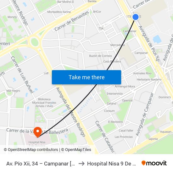 Av. Pío Xii, 34 – Campanar [València] to Hospital Nisa 9 De Octubre map