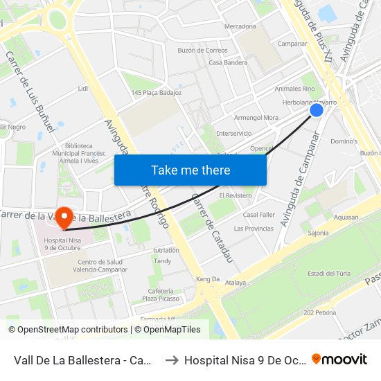 Vall De La Ballestera - Campanar to Hospital Nisa 9 De Octubre map