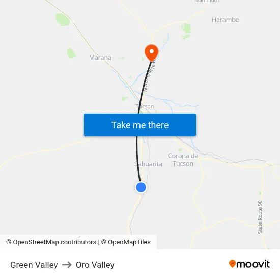Green Valley to Oro Valley map