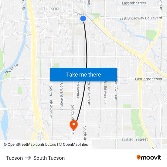 Tucson to South Tucson map