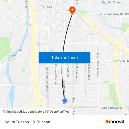 South Tucson to Tucson map