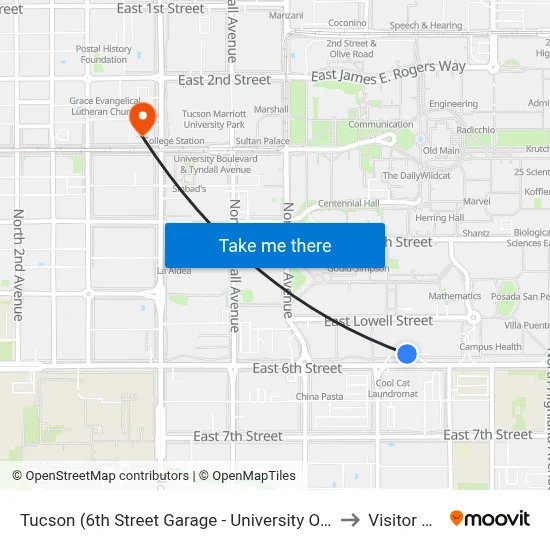 Tucson (6th Street Garage - University Of Arizona, Tucson) to Visitor Center map