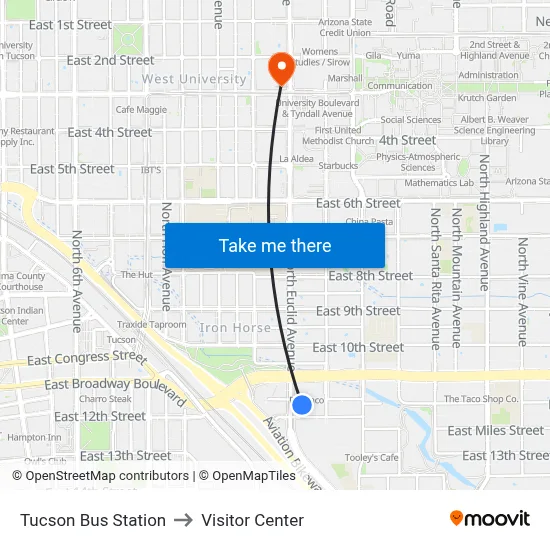 Tucson Bus Station to Visitor Center map
