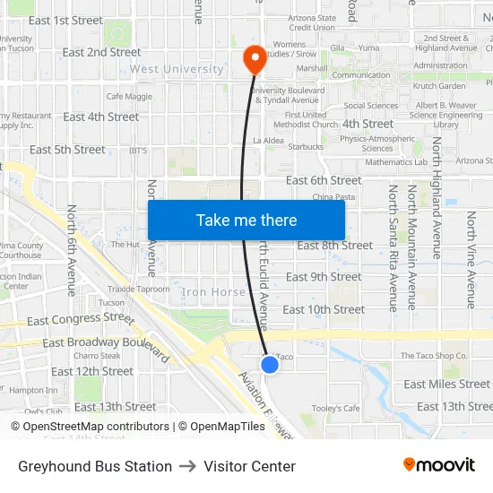 Greyhound Bus Station to Visitor Center map