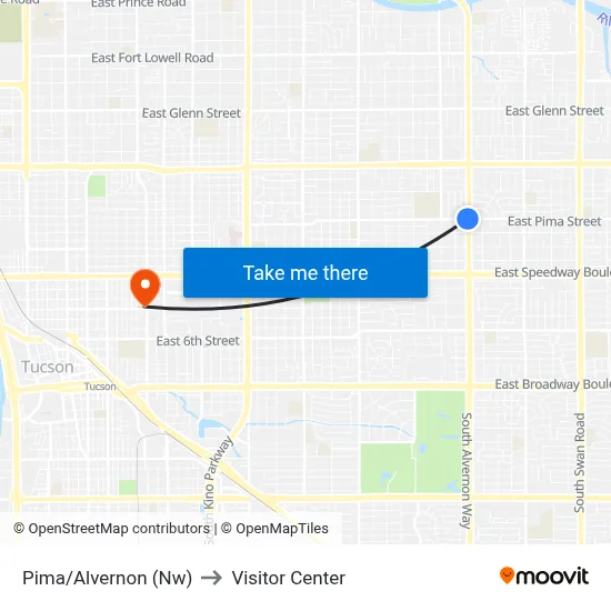 Pima/Alvernon (Nw) to Visitor Center map