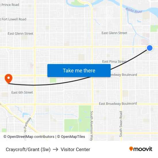 Craycroft/Grant (Sw) to Visitor Center map