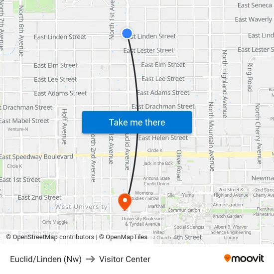 Euclid/Linden (Nw) to Visitor Center map