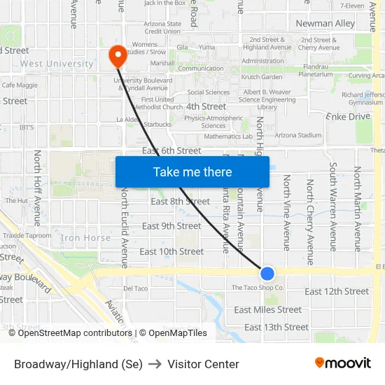 Broadway/Highland (Se) to Visitor Center map