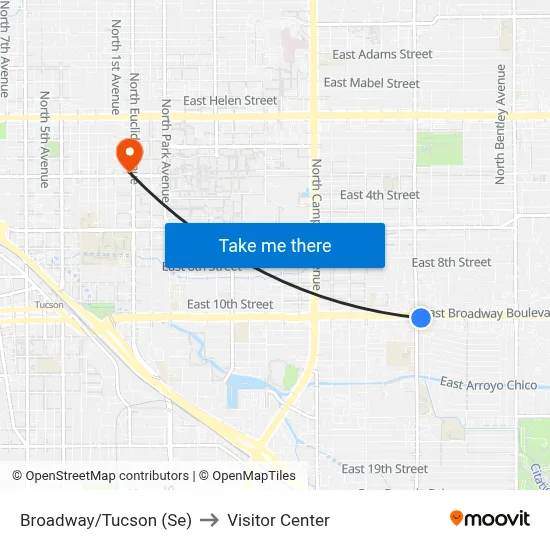 Broadway/Tucson (Se) to Visitor Center map