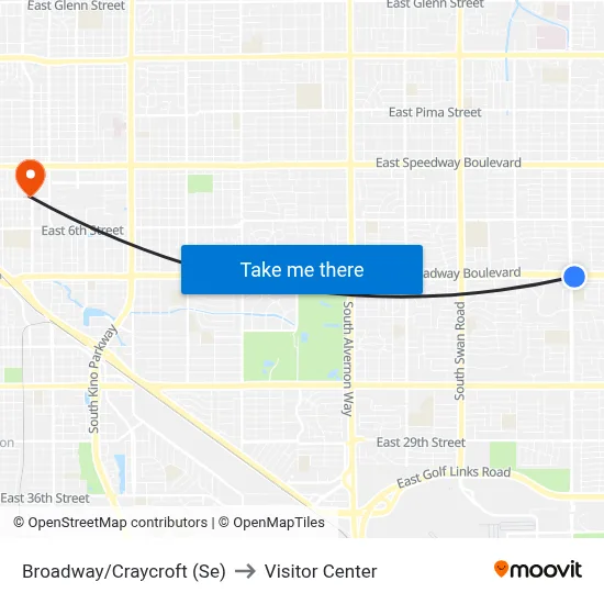 Broadway/Craycroft (Se) to Visitor Center map