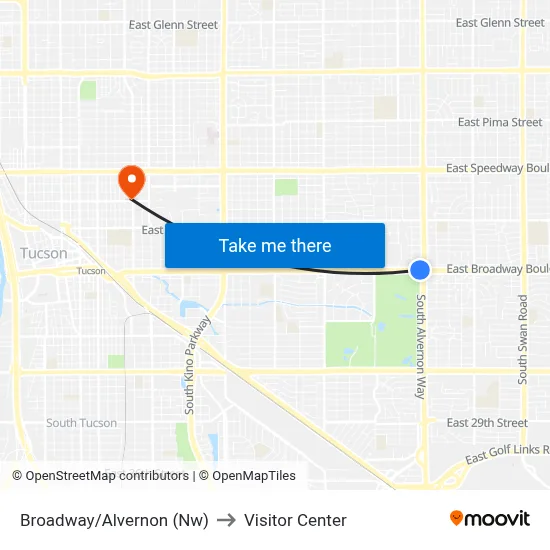 Broadway/Alvernon (Nw) to Visitor Center map
