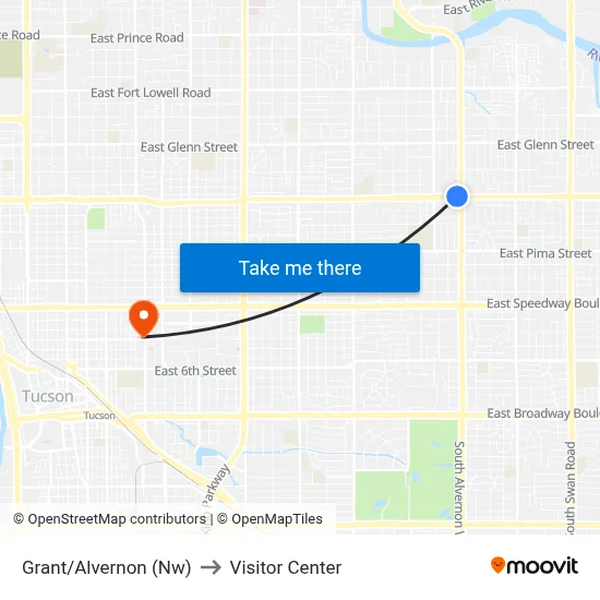 Grant/Alvernon (Nw) to Visitor Center map